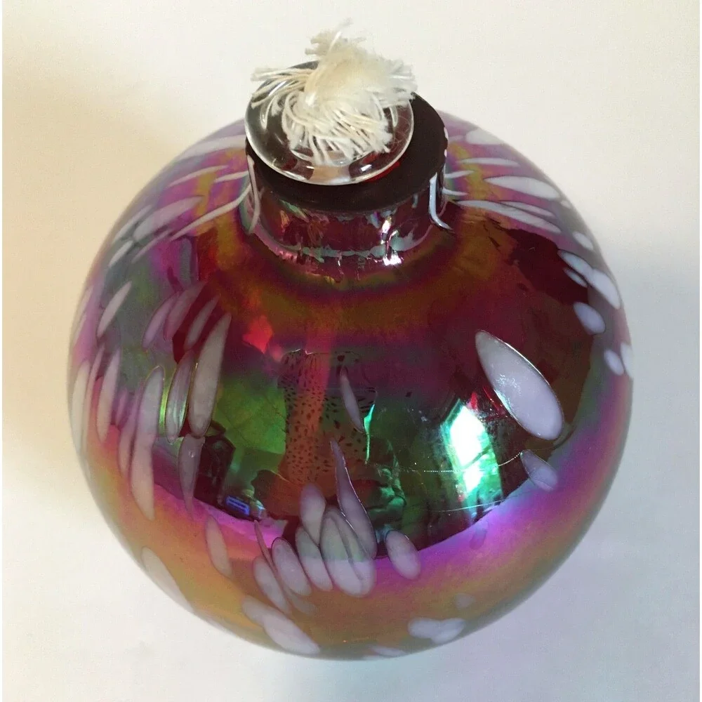 Pottery Barn Glass Oil Lamp Red White Hand Blown Art Glass Unused Iridescent
